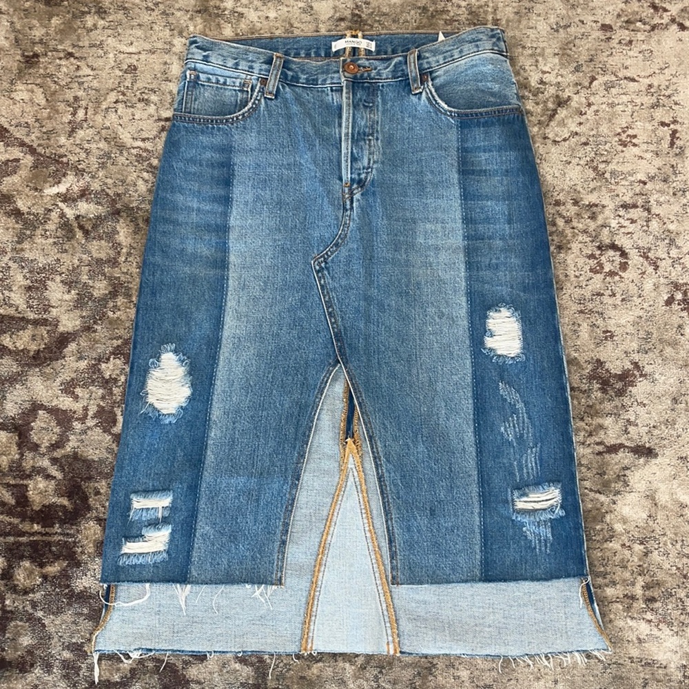 Mango Two Tone Denim Distressed Midi Skirt